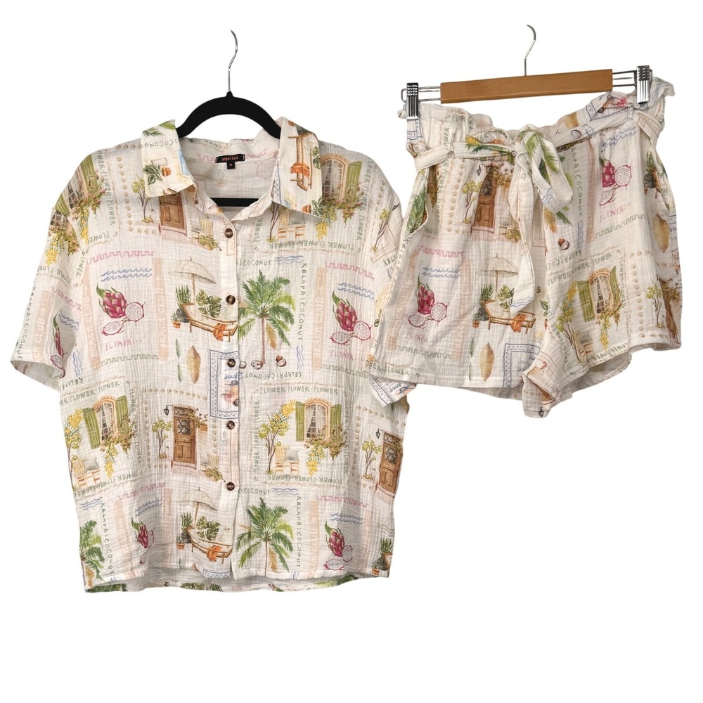 Angel Cult Womens Tropical Postcard Cotton Gauze Shirt and Shorts Set M Coastal